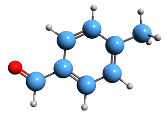 Poster -  3D image of 4-Methylbenzaldehyde skeletal formula - molecular chemical structure of aromatic aldehyde p-Tolualdehyde isolated on white background