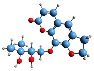 Poster -  3D image of thomasin skeletal formula - molecular chemical structure of coumarin isolated on white background
