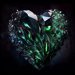 Wall Mural - Shiny green emerald broken heart isolated on black background. Natural precious mineral stone artistic illustration. Decorative green emerald crystal heart poster.