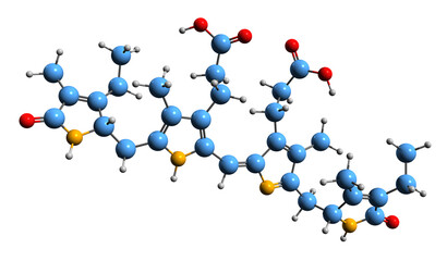 Poster -  3D image of Urobilin skeletal formula - molecular chemical structure of Urochrome isolated on white background
