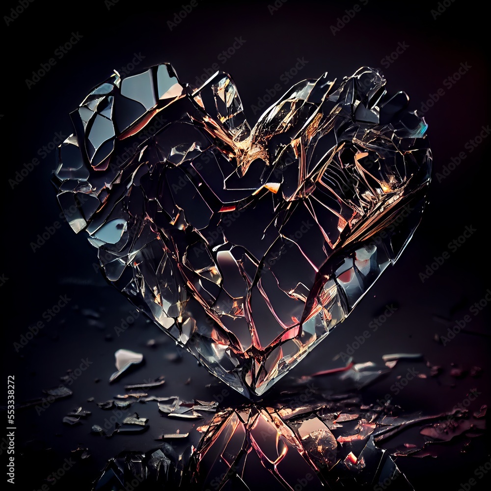 Shiny mirror glass broken heart isolated on black background. Natural  precious mineral stone artistic illustration. Decorative glass crystal heart  poster. Stock Illustration | Adobe Stock, image size:1000x1000
