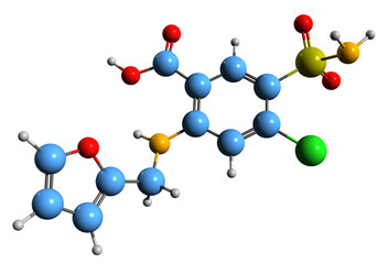 Poster -  3D image of Furosemide skeletal formula - molecular chemical structure of  loop diuretic medication isolated on white background
