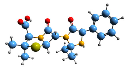 Sticker -  3D image of Hetacillin skeletal formula - molecular chemical structure of  beta-lactam antibiotic isolated on white background
