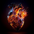 Human heart on fire flame isolated on black background. Love and passion symbolic artistic illustration. Decorative stone heart burning on fire poster.
