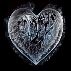Wall Mural - Shiny heart made of ice isolated on black background. Frozen crystals in the shape of heart artistic illustration. Decorative Diamond crystal poster.