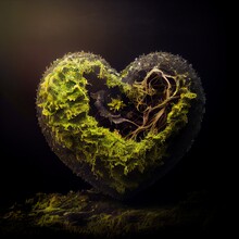 Green Heart Made Of Moss Isolated On Black Background. Natural Forest Plants In The Shape Of Heart Artistic Illustration. Decorative Botanical Poster.