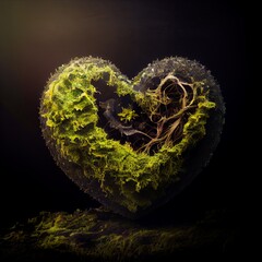 Wall Mural - Green heart made of moss isolated on black background. Natural forest plants in the shape of heart artistic illustration. Decorative botanical poster.