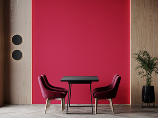 Bright viva magenta 2023 colour dining room. Black round table and colorful carmine red crimson chairs. Empty wall blank for art, frame or decor. Modern interior with accents and lamps. 3d render 