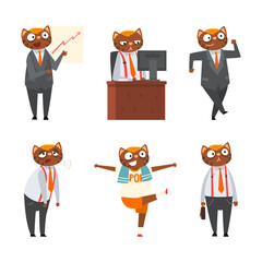 Sticker - Cat Businessman Character in Formal Suit and Tie Engaged in Daily Routine Vector Set