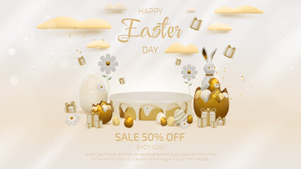 Product display podium and 3d realistic bunny with gold easter egg elements and flower with gift box with cloud decorations.