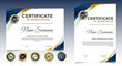 © Yuni25 - Certificate of appreciation template, gold and blue color. Clean modern certificate with gold badge. Certificate border template with luxury and modern line pattern. Diploma vector template