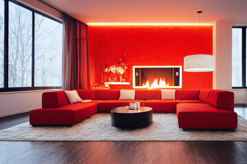 Interior of bright modern living room with fireplace, chandelier and comfortable sofa decorated with Christmas tree and gifts