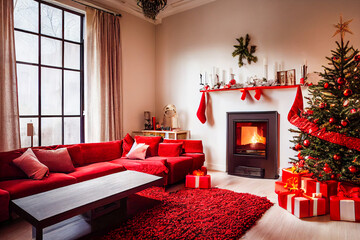 Poster - Interior of bright modern living room with fireplace, chandelier and comfortable sofa decorated with Christmas tree and gifts