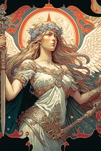 Illustration Of Ai-gen Of A Golden Valkyrie In Alphonso Mucha Drawing Style