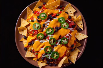 Poster -  a plate of nachos with cheese and black beans and peppers on them.