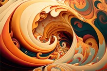  A Painting Of A Wave Of Orange And Blue Colors With A White Background And A Black Border Around The Image.