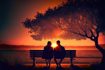  two people sitting on a bench at sunset with the sun setting behind them and a tree in the foreground. Generative AI