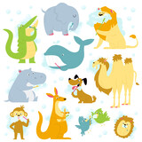 Fototapeta Pokój dzieciecy - Funny animals brushing teeth flat icons set. Wild animals daily routine for mouth hygiene. Monkey, crocodile