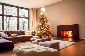 Sticker - A living room with a chrismas tree