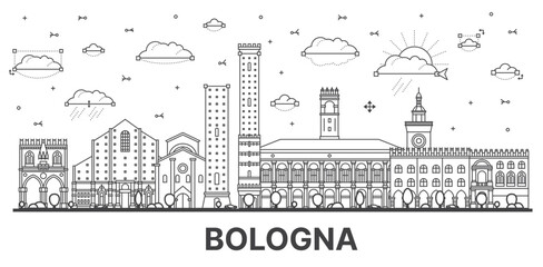 Fototapete - Outline Bologna Italy City Skyline with Historic Buildings Isolated on White.