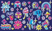 Psychedelic Stickers In Retro Y2k Style. Retrowave Acid Patches With Mushrooms, Skull, Flower, Rainbow, Flag And Mouth, Vector Cartoon Set Isolated On Background