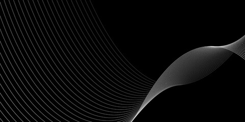 Wall Mural - Grey abstract curved wavy lines on black background. Vector futuristic minimal design