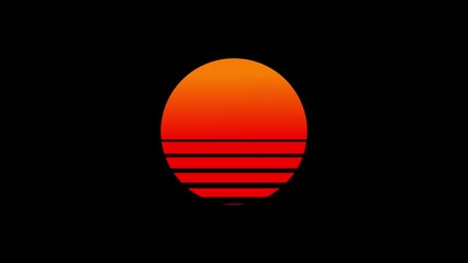 Wall Mural - Orange red retrowave, synthwave, vaporwave seamless loop animation of sun or moon with perspective horizontal lines. 80s aesthetics sunset animation. Orange red sun. Retrowave vibe.