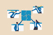 © Nuthawut - Work together, teamwork or collaboration to solve problem, hybrid work conference call to success together, partnership concept, businessman and woman colleagues connecting jigsaw pieces together.