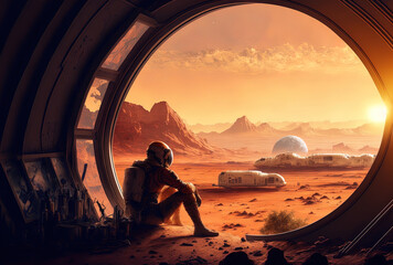 astronaut colony on mars resting and taking in the view. generative ai
