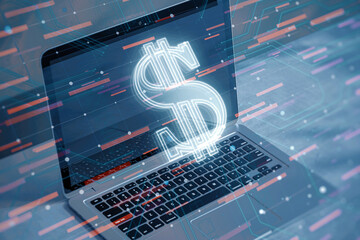 Close up of laptop with glowing dollar hologram on blurry desktop background. Money and digital finance concept. Double exposure.