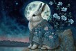 jade rabbit under the moonlight by a river, mid-autumn festival 2023, mid autumn day, Tsukimi, Otsukimi, Chusok, Tết Trung Thu, generative AI