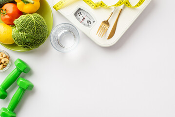 Wall Mural - Slimming concept. Top view photo of scales tape measure dumbbells plate with vegetables nuts cutlery and glass of water on isolated white background with copyspace