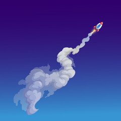 Wall Mural - cartoon space rocket and smoke trail. vector starship launch or starting with clouds on dark night s