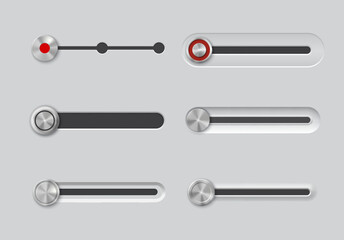 Aufkleber - UI slider bar buttons. Music player volume, audio play stainless steel toggle, power control switch silver plastic or aluminum panel. Software user interface, mobile app realistic vector push sliders