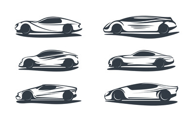 Wall Mural - Futuristic car. Supercar vehicle, future sport automobile or track racing auto monochrome vector silhouette. Car and transportation industry sketch icons with modern performance cars or roadsters