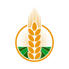 Sticker - Cereal ear and spike icon of wheat, rye or barley crop plants, vector cereal food. Agriculture or farm field with gold spikelet of wheat, rye or barley, ripe golden grain and seeds in round frame