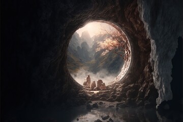 Wall Mural - Portal in stone arch with magical symbols in mountain cave. Gate to alien worlds in ancient temple. Fantasy scene. AI