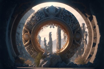 Wall Mural - portal in stone arch with magical symbols in mountain cave. gate to alien worlds in ancient temple. 