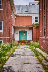 Wall Mural - Cement path into abandoned brick buildings green backdoor entrance