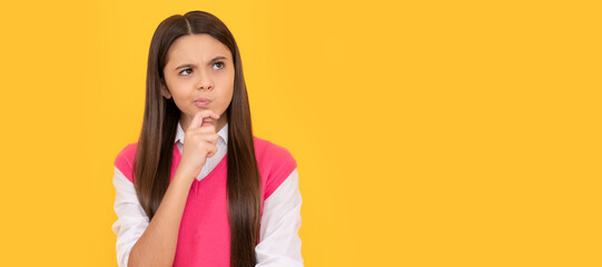 Canvas Print - thinking teen school girl with long hair on yellow background, decision. Child face, horizontal poster, teenager girl isolated portrait, banner with copy space.