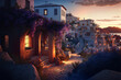 beautiful island in the evening with a ancient village, mediterranean sunset landscape with romantic lights, fictional landscape created with generative ai