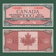 Vector vintage fictional Canadian money. Obverse and reverse of the gaming banknote with guilloche frame. The inscriptions in French mean one thousand dollars and bank of Canada.