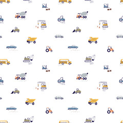 Wall Mural - seamless pattern with toy transports in scandinavian style. kids repeating print with cute cars, tra