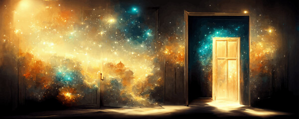 Wall Mural -  Dark fantasy room with luminous doors in cosmos