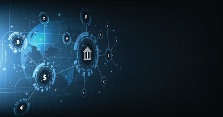 Aufkleber - International currency transfer concept.central bank layout surrounded currency signs: dollar, euro, ruble and yen on dark blue background.Digital connect system.Financial technology concept.