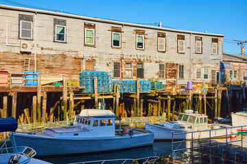 Wall Mural - Maine seafood fishing port with containers for catching lobster