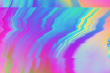 Wall Mural - Abstract purple pink green pastel rainbow wavy background interlaced digital Distorted Motion glitch effect. Futuristic striped glitched cyberpunk design Retro rave 90s unicorn candy colors aesthetic