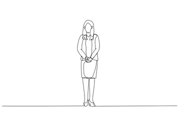 Wall Mural - Illustration of businesswoman standing in full body happy at camera. Single continuous line art