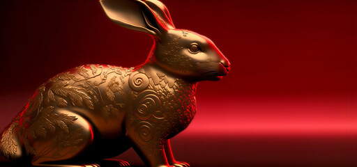 Chinese new year 2023 year of the rabbit. Gold bunny rabbit with red background. Generative ai