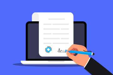 Aufkleber - Signing an online document in the computer. Electronic signature concept. Digital signature, electronic contract, e-signature. Vector illustration in flat design for business, web banner, mobile app